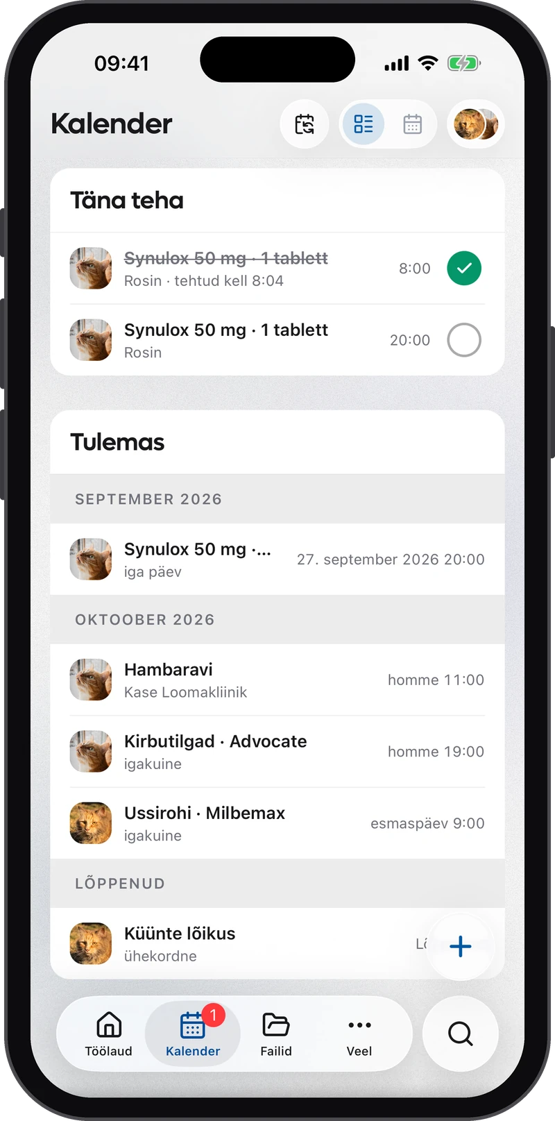 Eläintarina mobiilissa: kalenteri – aamun annos annettu, illan annos odottaa, sekä muistutukset.
