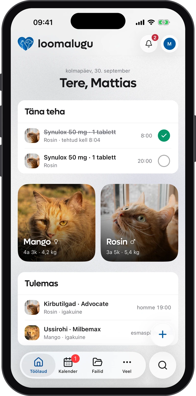 Eläintarina mobiilissa: etusivu, päivän annokset sekä Mango ja Rosin.